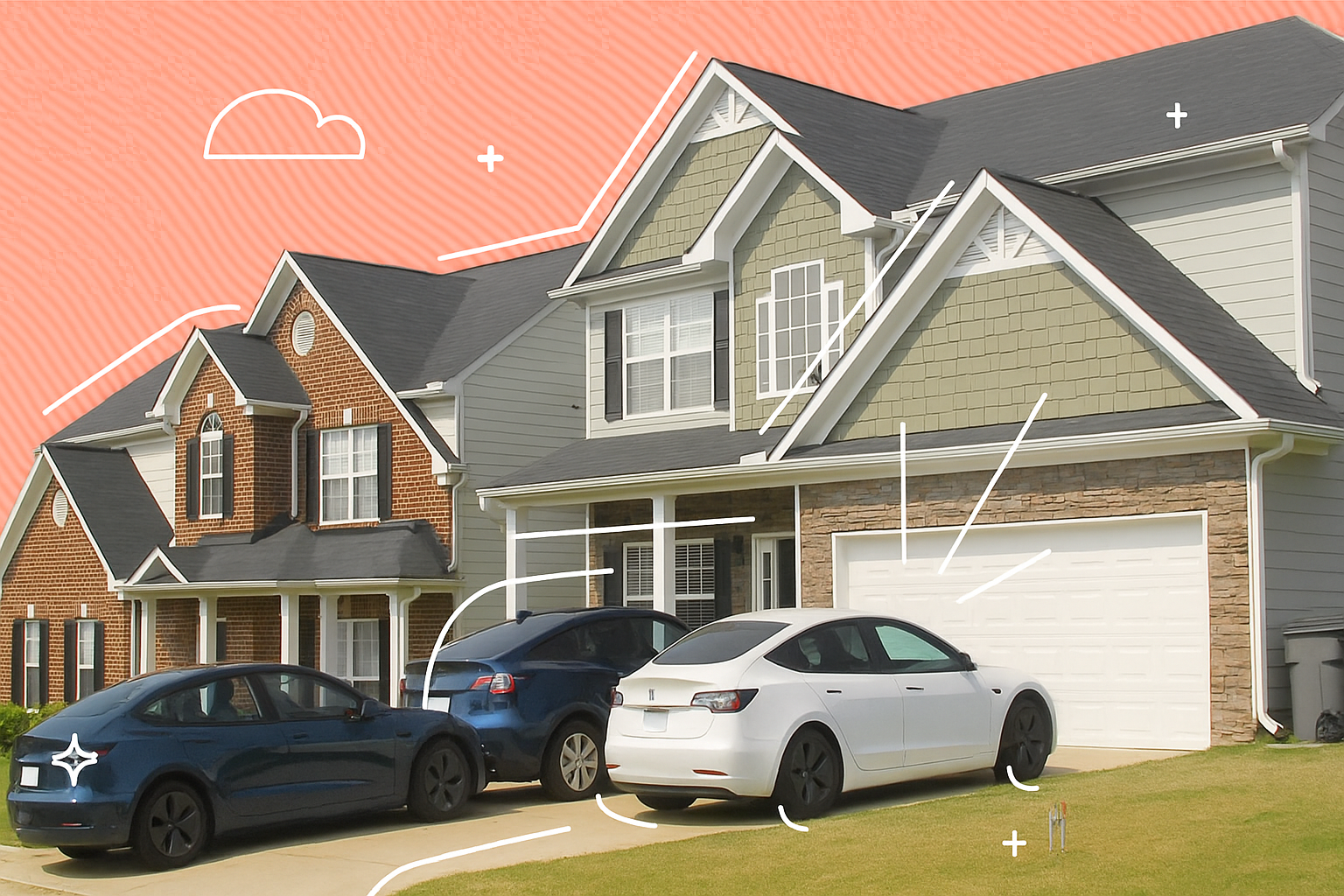 Modern houses with EVs parked in driveways